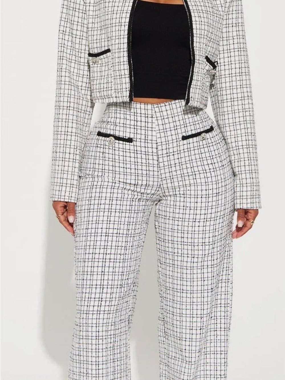 Fashion Nova White & Black Checked Wide Leg Pants